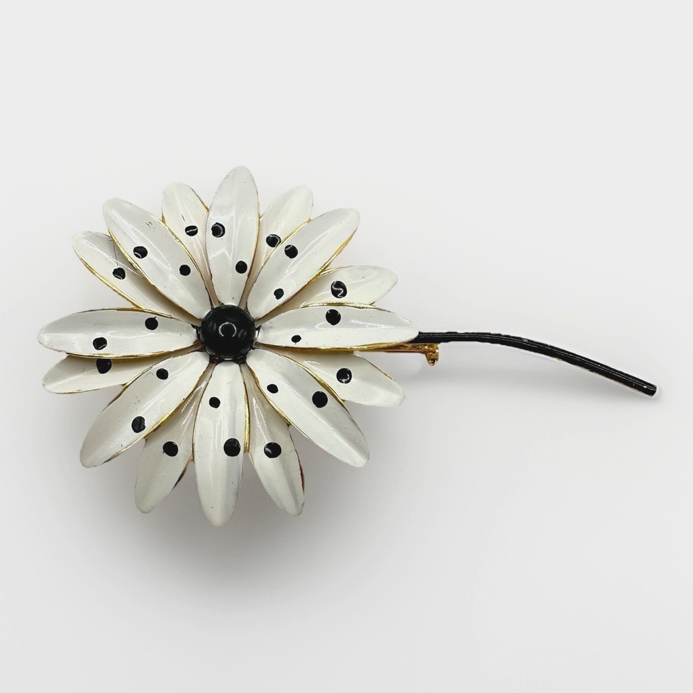 Vintage MOD White Enamel Daisy Brooch Black Polka Dot Flower Pop Art Pin Sandor